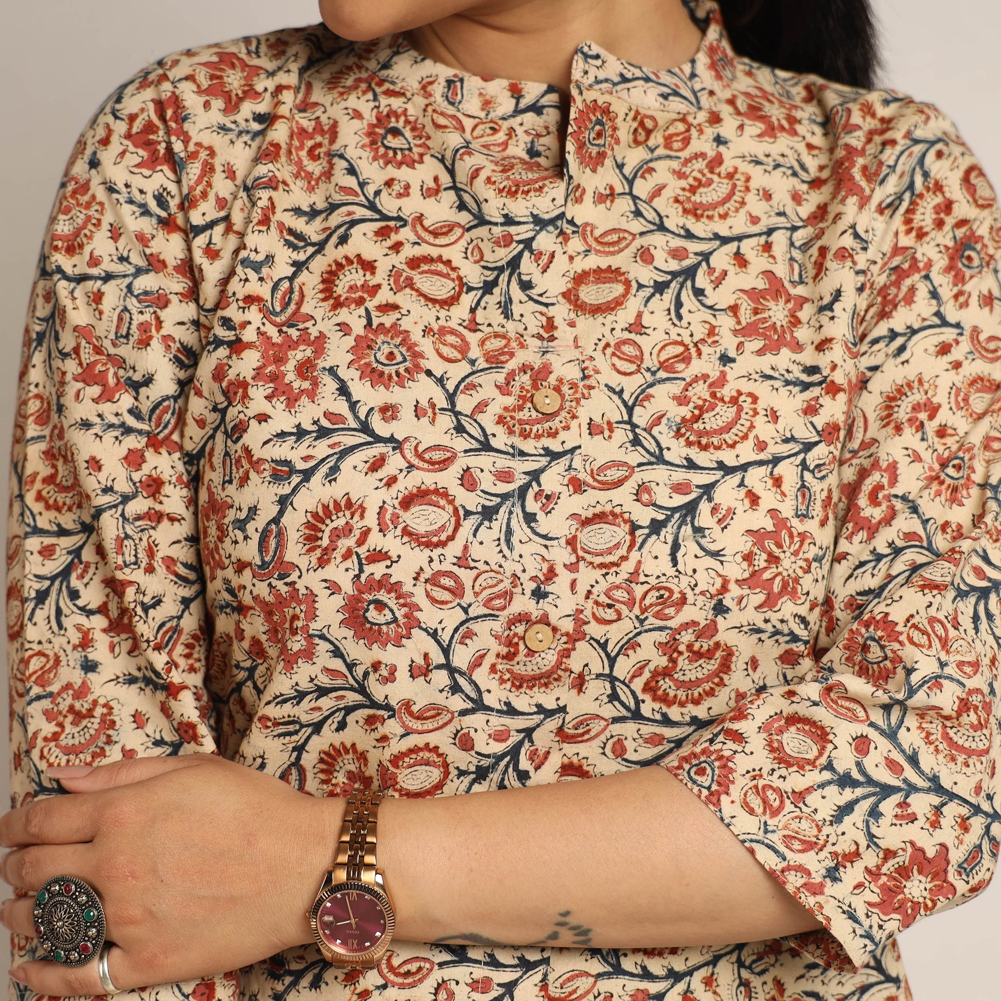 Beige - Pedana Kalamkari Block Printed Cotton Kurta with Palazzo Set