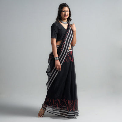 Black - Kota Doria Cotton Sanganeri Print Saree