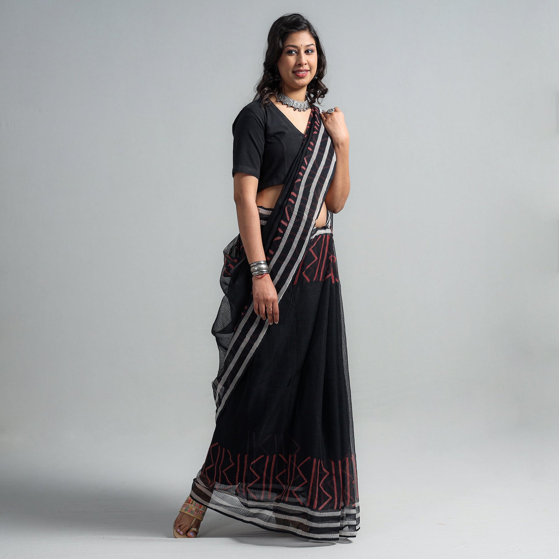 Black - Kota Doria Cotton Sanganeri Print Saree