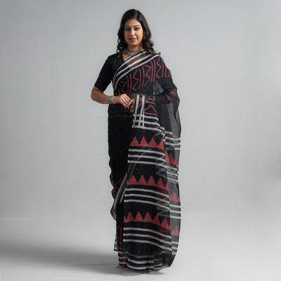 Black - Kota Doria Cotton Sanganeri Print Saree