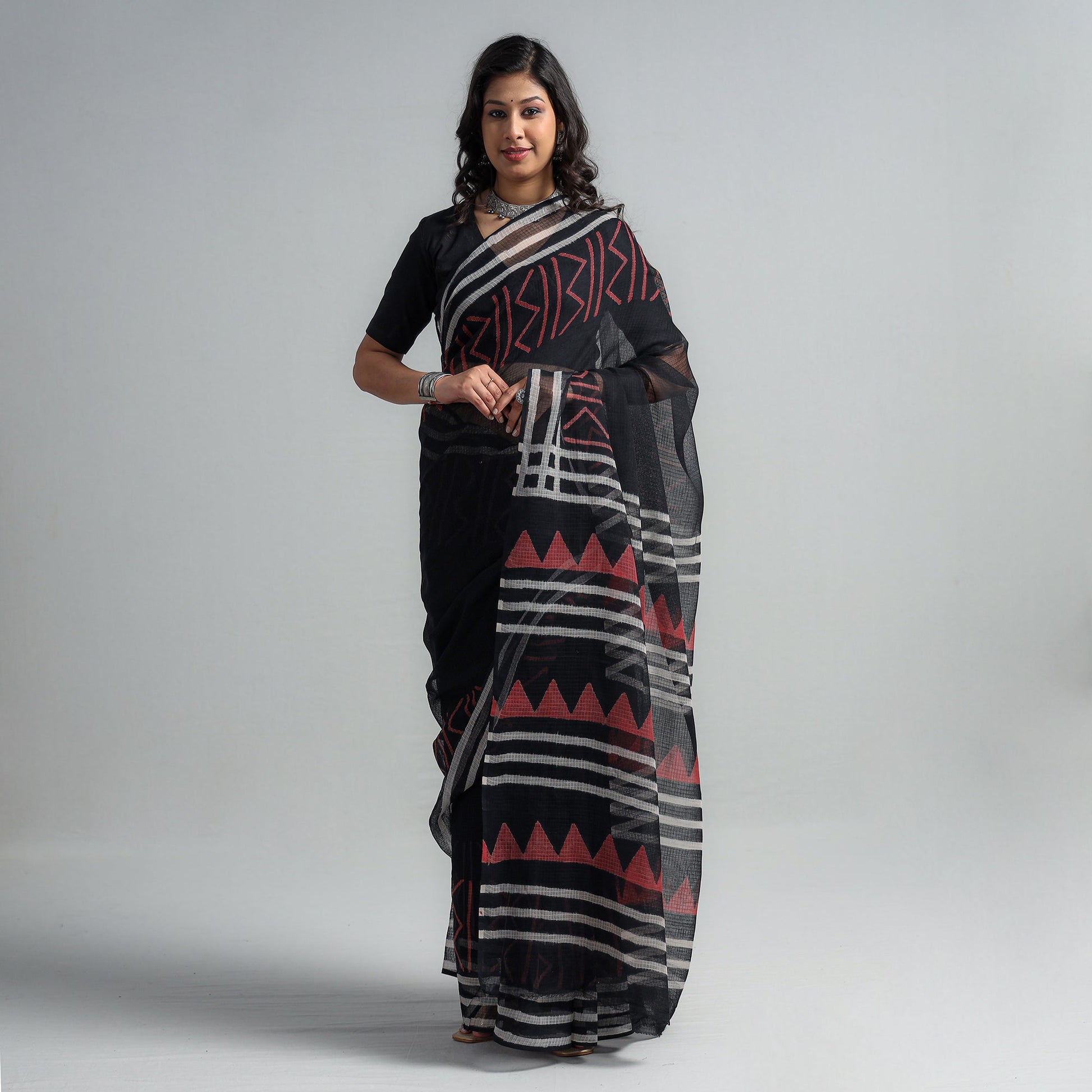 Black - Kota Doria Cotton Sanganeri Print Saree