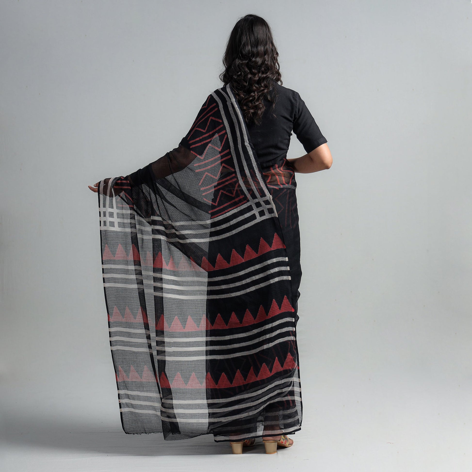 Black - Kota Doria Cotton Sanganeri Print Saree