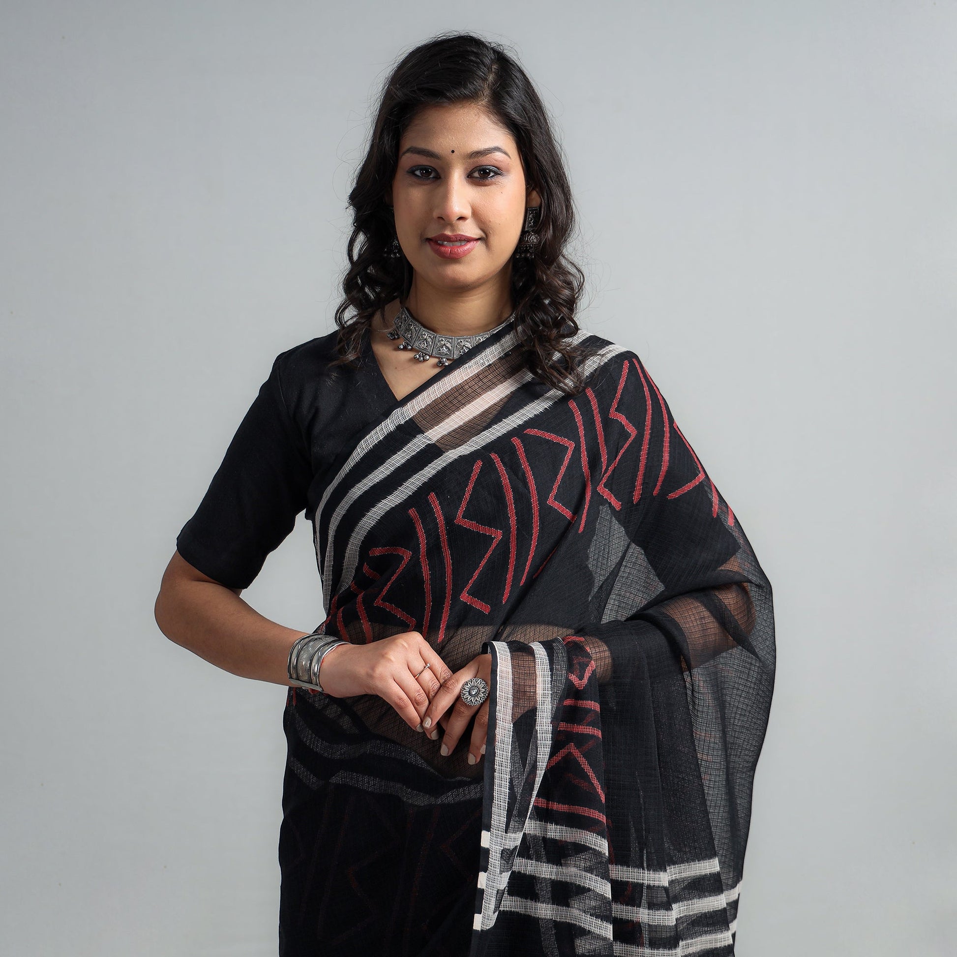 Black - Kota Doria Cotton Sanganeri Print Saree