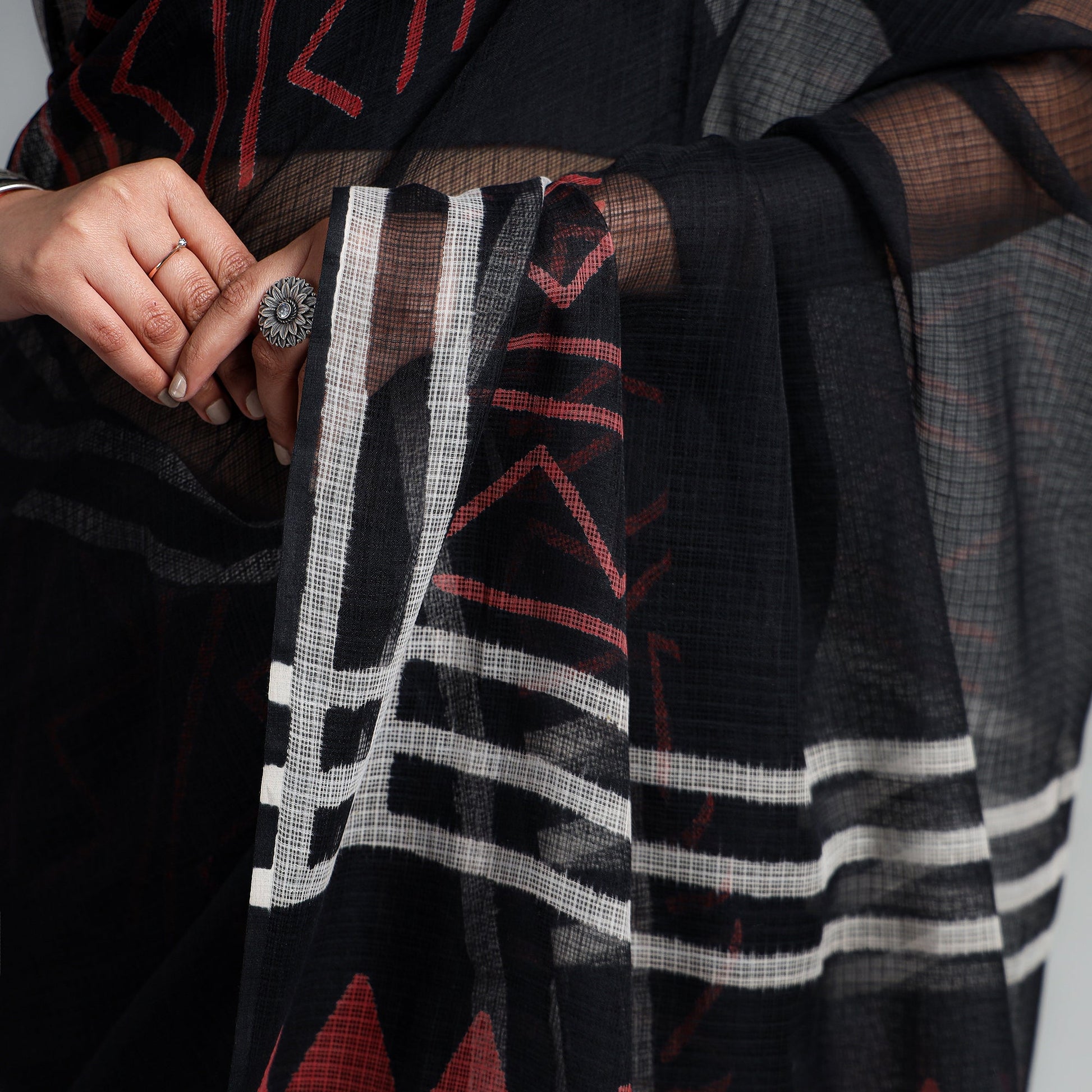 Black - Kota Doria Cotton Sanganeri Print Saree