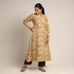 Beige - Pedana Kalamkari Block Printed Cotton Kurta with Palazzo Set