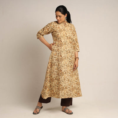 Beige - Pedana Kalamkari Block Printed Cotton Kurta with Palazzo Set
