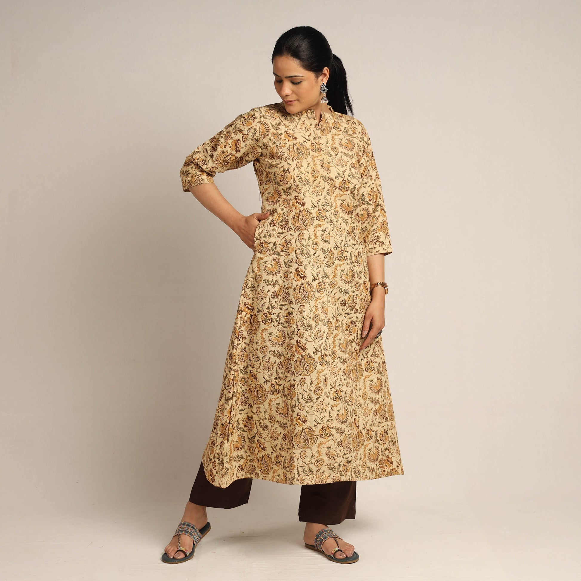 Beige - Pedana Kalamkari Block Printed Cotton Kurta with Palazzo Set