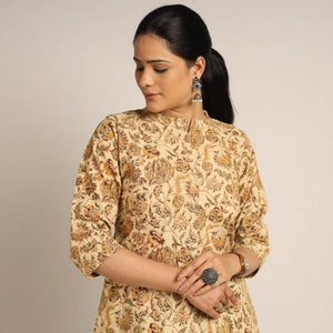 Beige - Pedana Kalamkari Block Printed Cotton Kurta with Palazzo Set