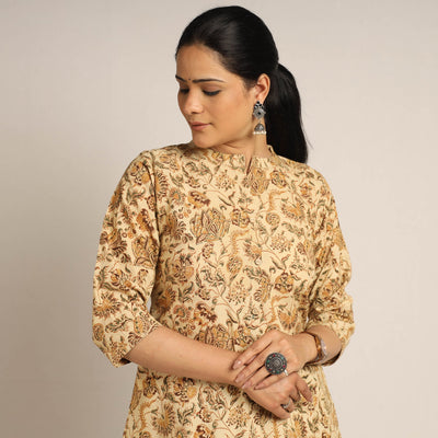 Beige - Pedana Kalamkari Block Printed Cotton Kurta with Palazzo Set