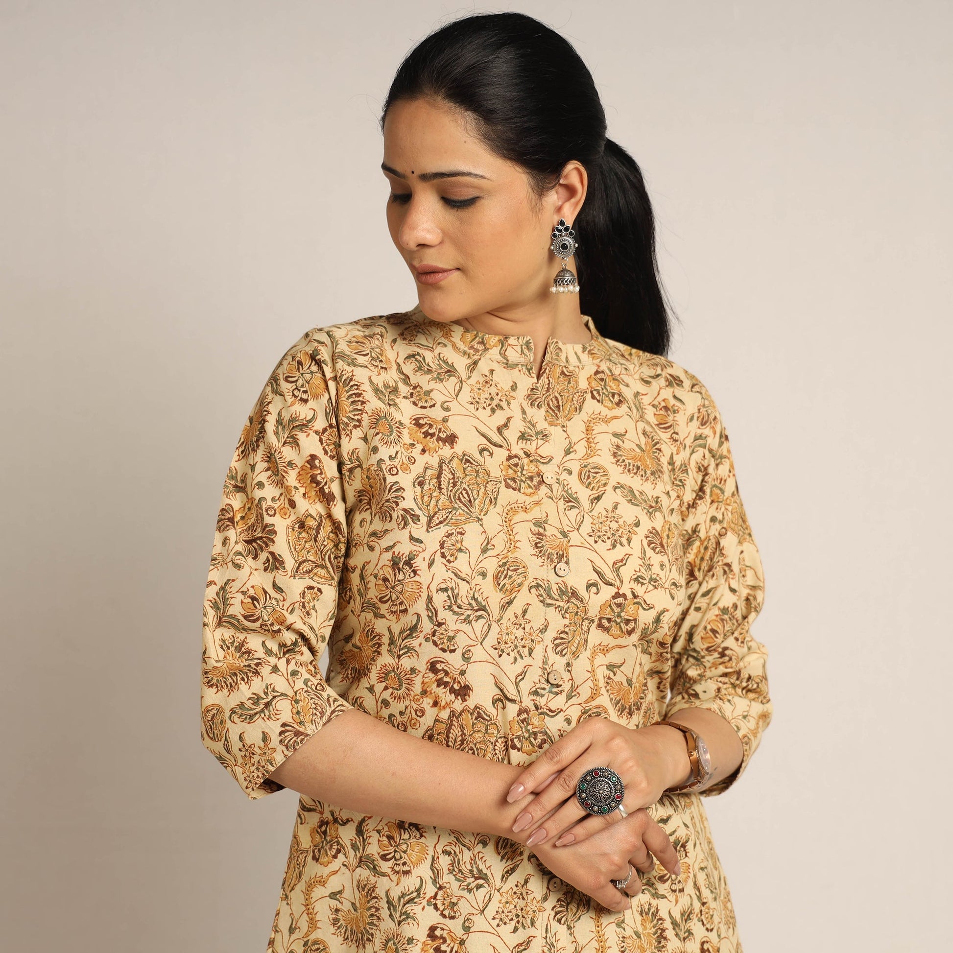 Beige - Pedana Kalamkari Block Printed Cotton Kurta with Palazzo Set