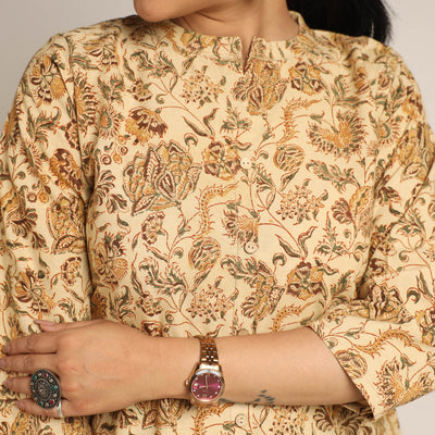 Beige - Pedana Kalamkari Block Printed Cotton Kurta with Palazzo Set