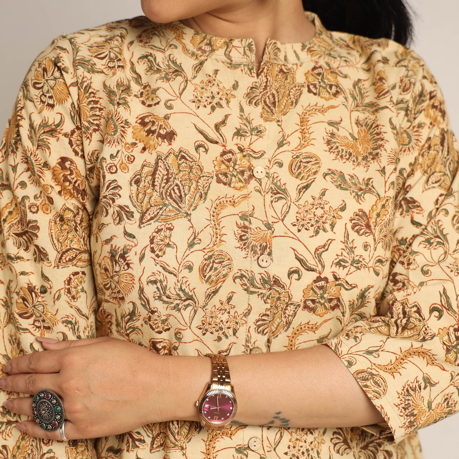 Beige - Pedana Kalamkari Block Printed Cotton Kurta with Palazzo Set