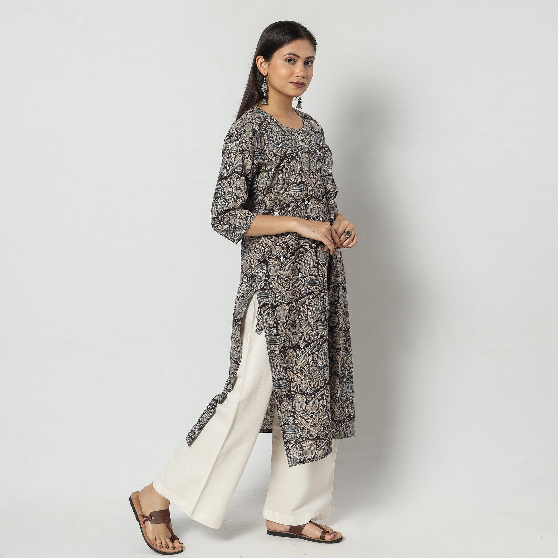 Black - Block Print Mirror Work Cotton Kalamkari Kurta