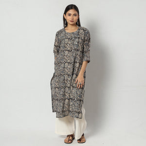Black - Block Print Mirror Work Cotton Kalamkari Kurta