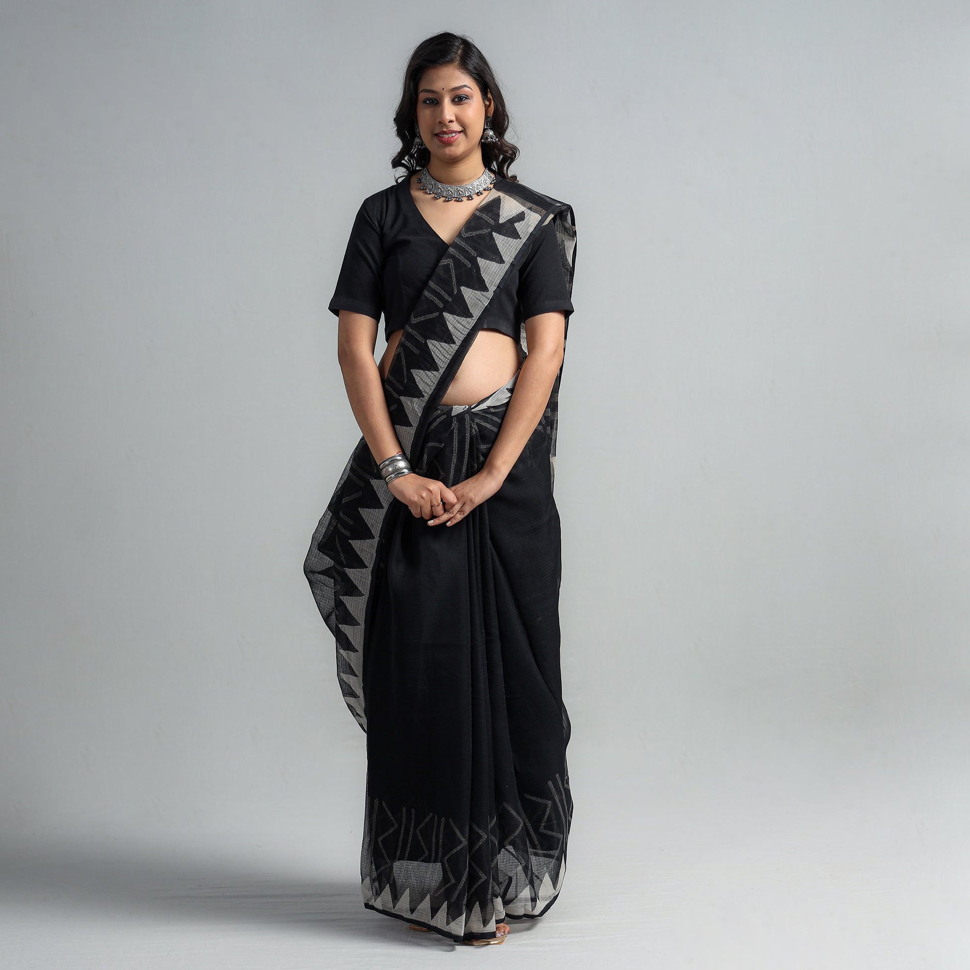 Black - Kota Doria Cotton Sanganeri Print Saree