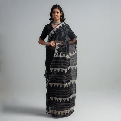 Black - Kota Doria Cotton Sanganeri Print Saree