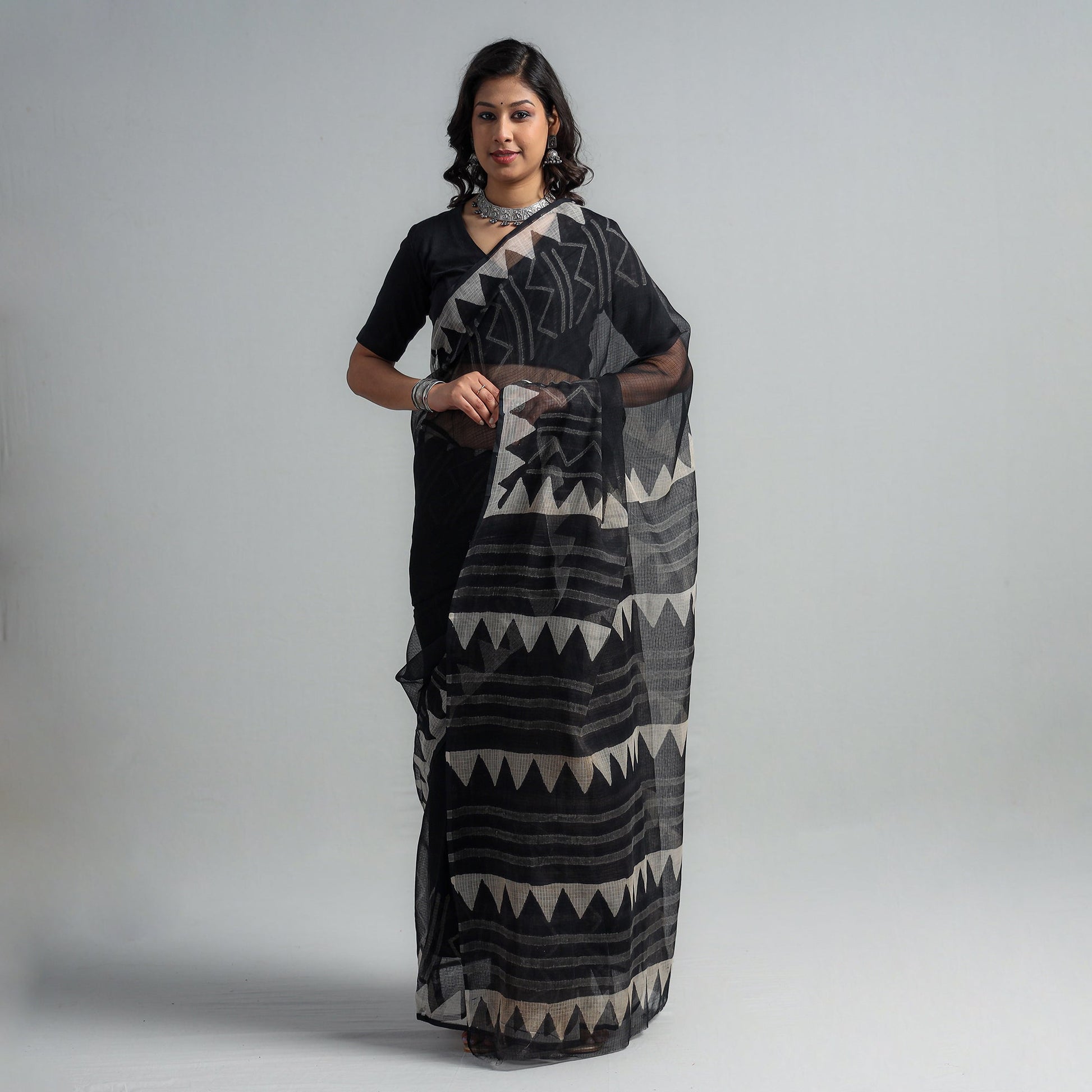 Black - Kota Doria Cotton Sanganeri Print Saree