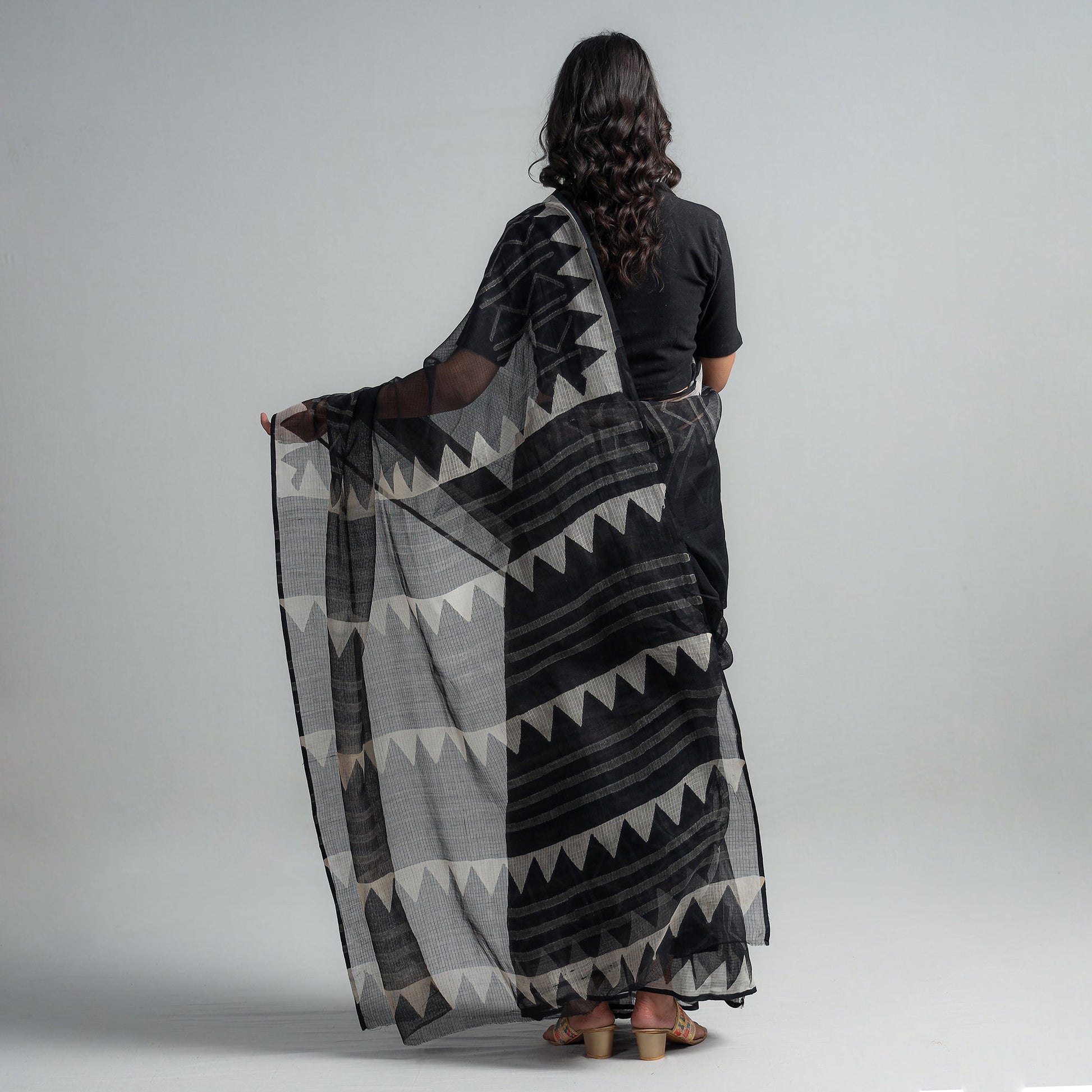 Black - Kota Doria Cotton Sanganeri Print Saree
