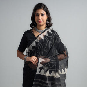 Black - Kota Doria Cotton Sanganeri Print Saree