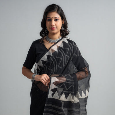 Black - Kota Doria Cotton Sanganeri Print Saree