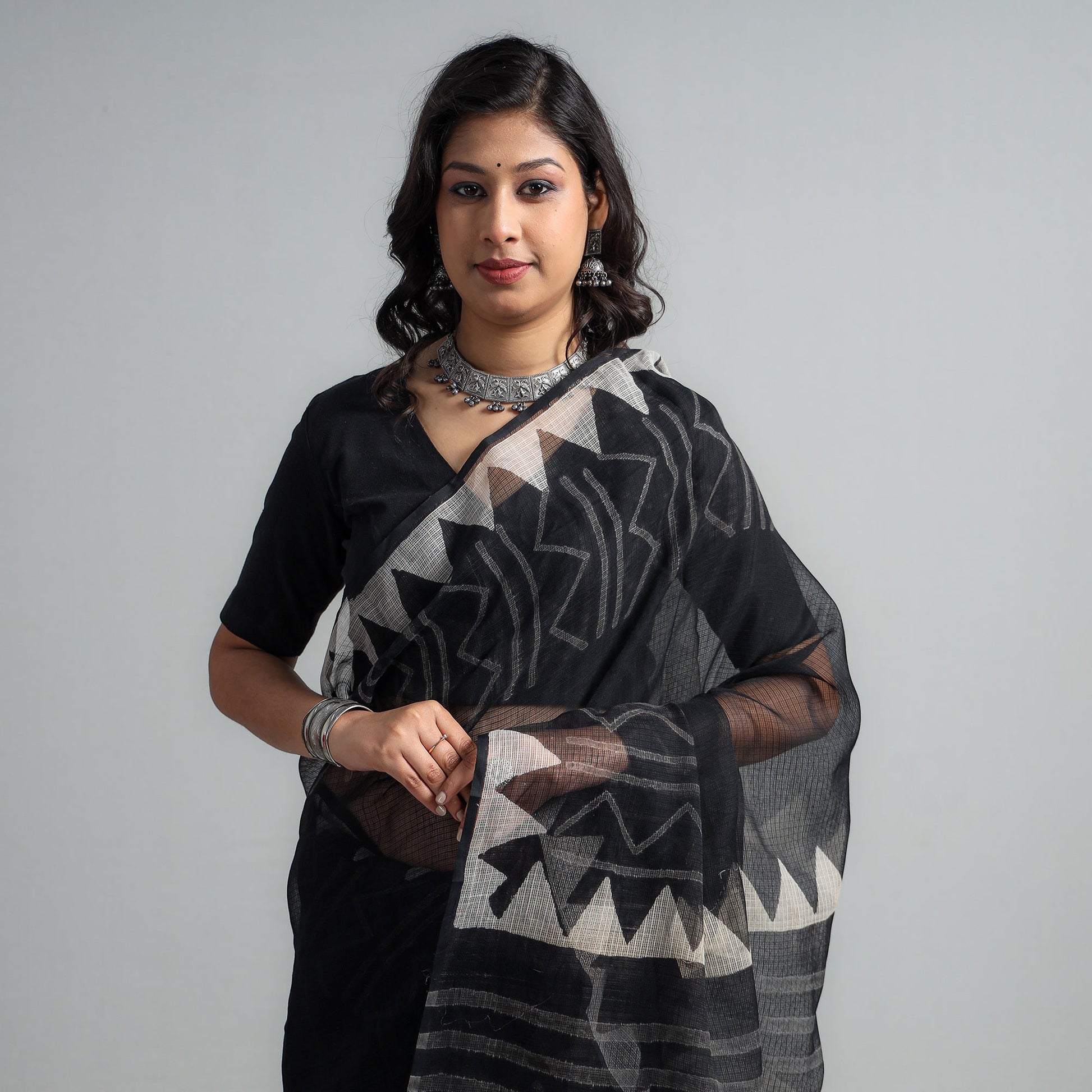 Black - Kota Doria Cotton Sanganeri Print Saree