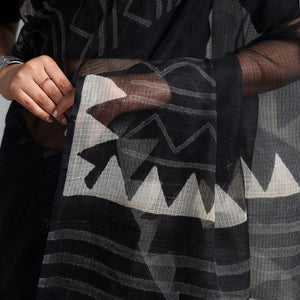 Black - Kota Doria Cotton Sanganeri Print Saree