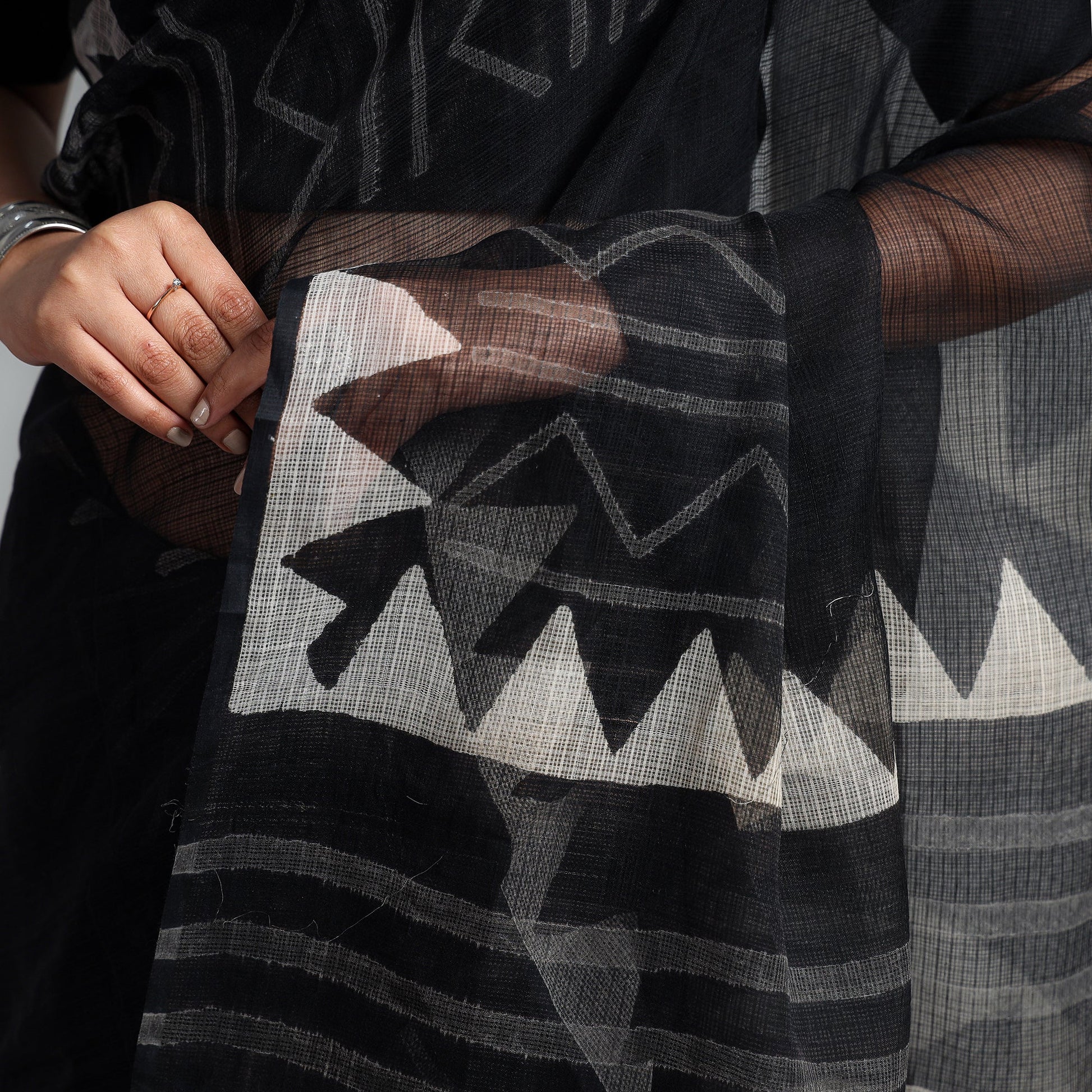 Black - Kota Doria Cotton Sanganeri Print Saree