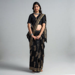 Black - Block Printed Chanderi Silk Sanganeri Saree
