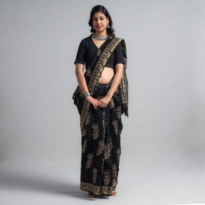 Black - Block Printed Chanderi Silk Sanganeri Saree