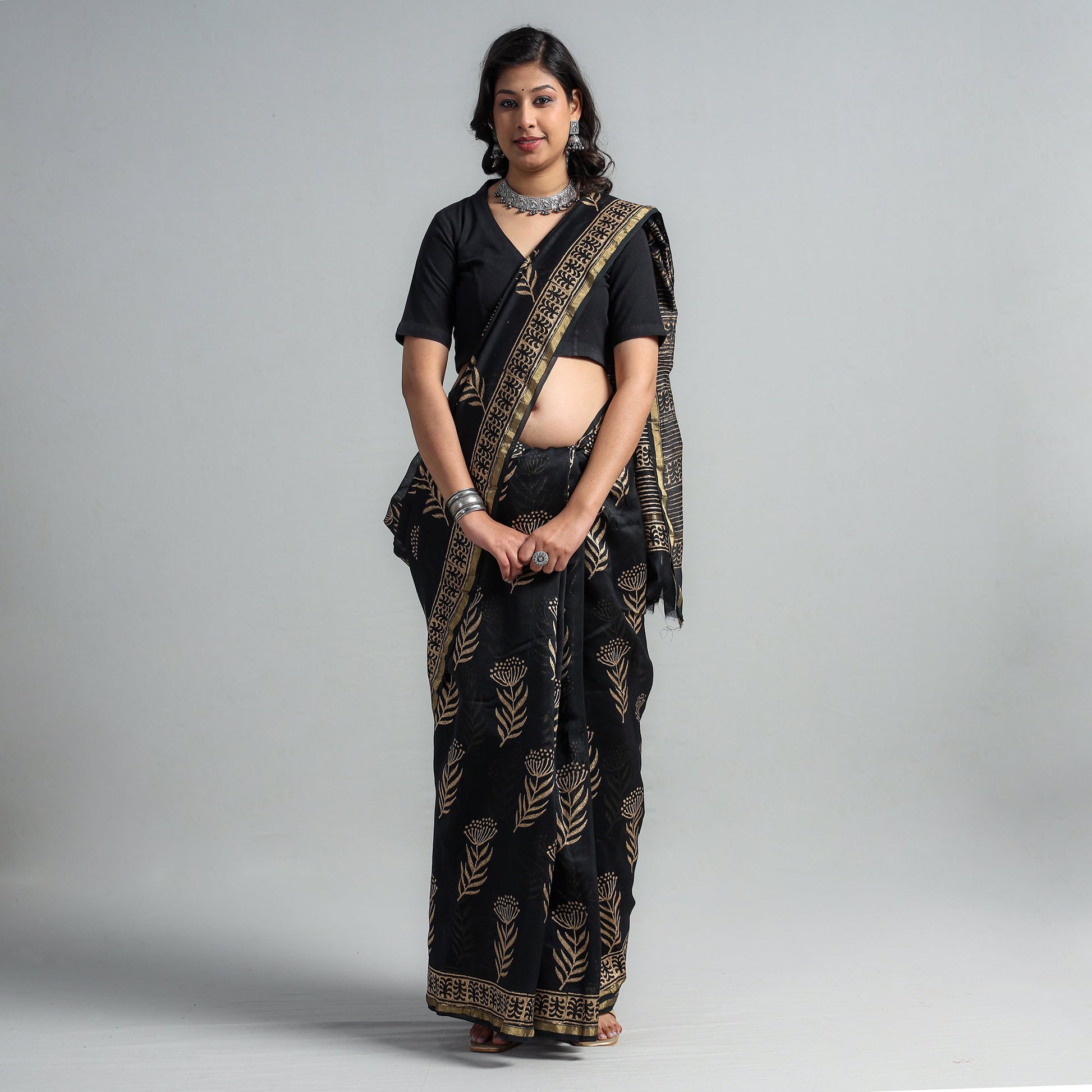 Black - Block Printed Chanderi Silk Sanganeri Saree