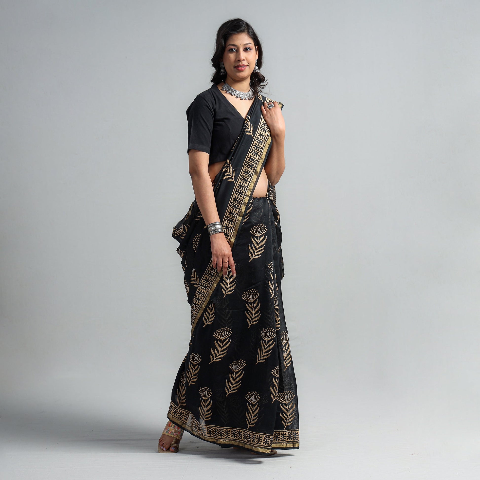 Black - Block Printed Chanderi Silk Sanganeri Saree