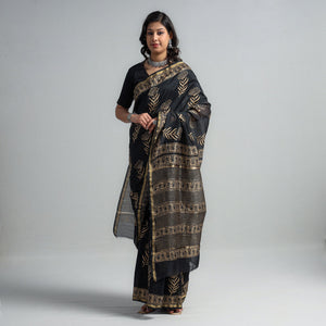 Black - Block Printed Chanderi Silk Sanganeri Saree