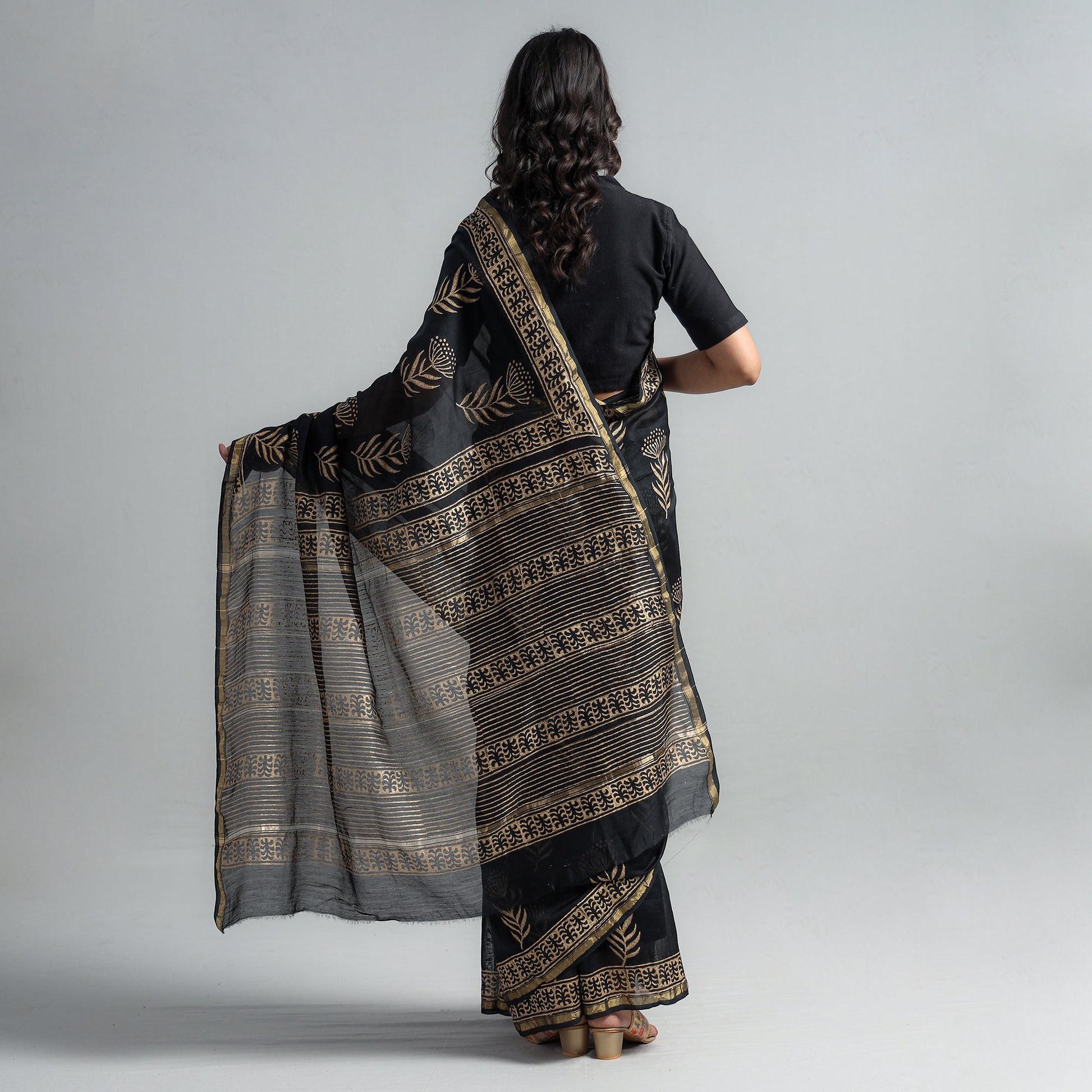 Black - Block Printed Chanderi Silk Sanganeri Saree