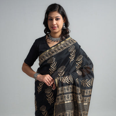 Black - Block Printed Chanderi Silk Sanganeri Saree