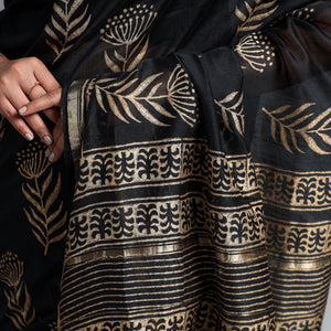 Black - Block Printed Chanderi Silk Sanganeri Saree