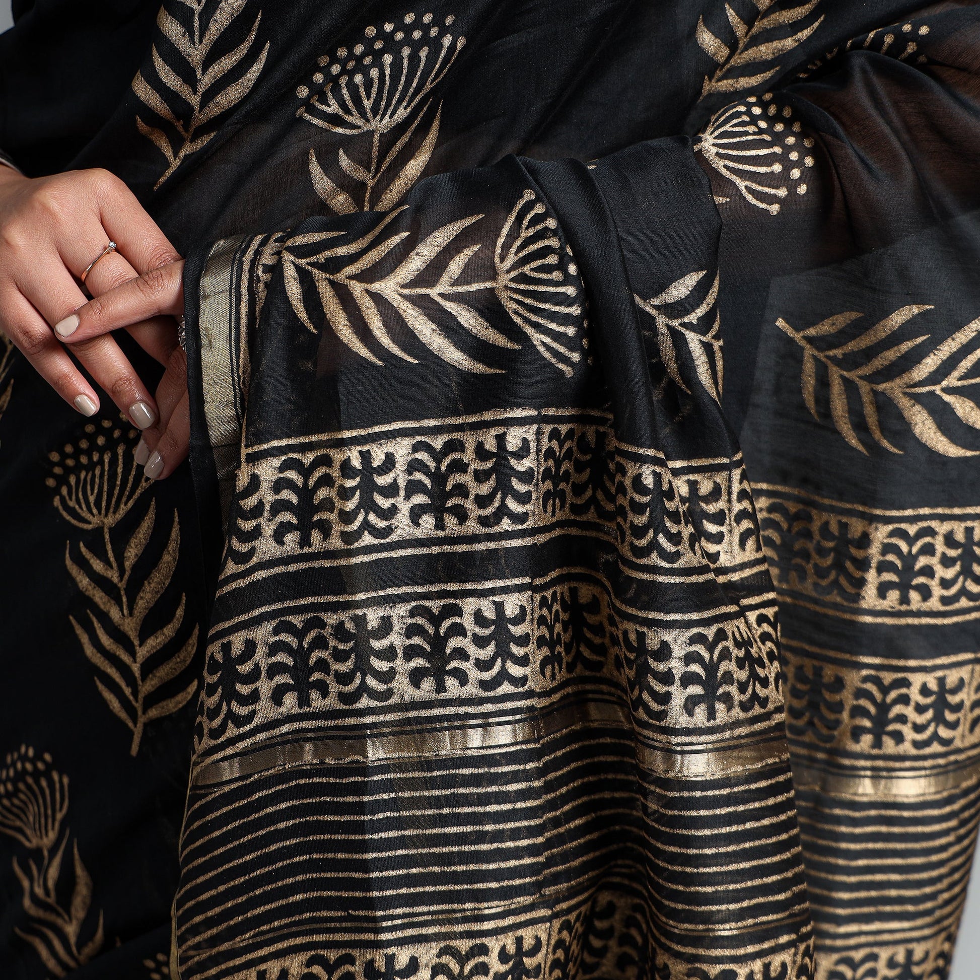 Black - Block Printed Chanderi Silk Sanganeri Saree
