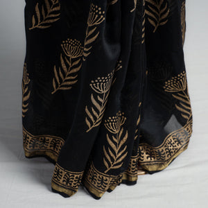 Black - Block Printed Chanderi Silk Sanganeri Saree