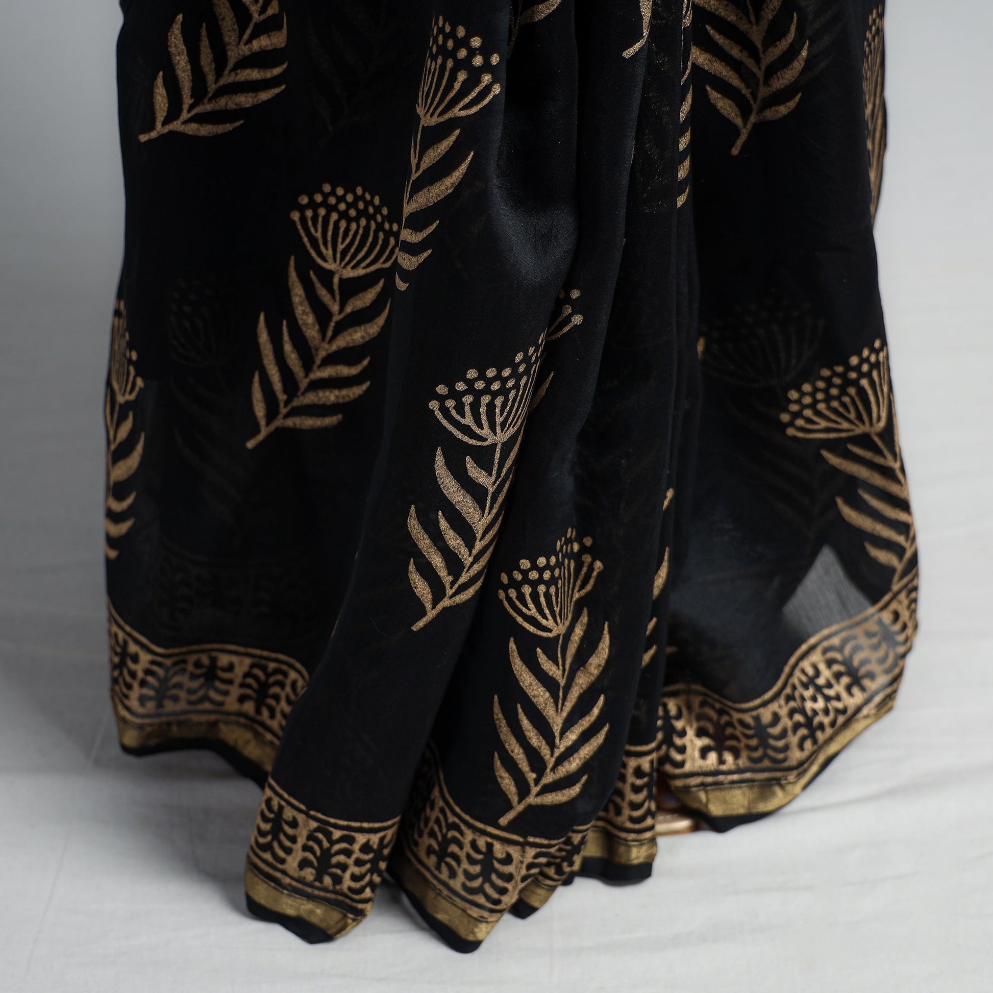 Black - Block Printed Chanderi Silk Sanganeri Saree