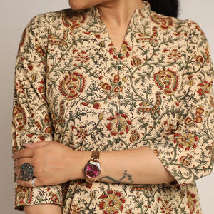 Beige - Pedana Kalamkari Block Printed Cotton Kurta with Palazzo Set