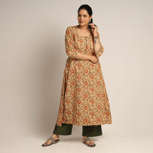Beige - Pedana Kalamkari Block Printed Cotton Kurta with Palazzo Set