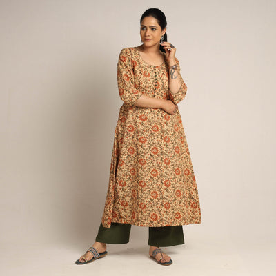 Beige - Pedana Kalamkari Block Printed Cotton Kurta with Palazzo Set