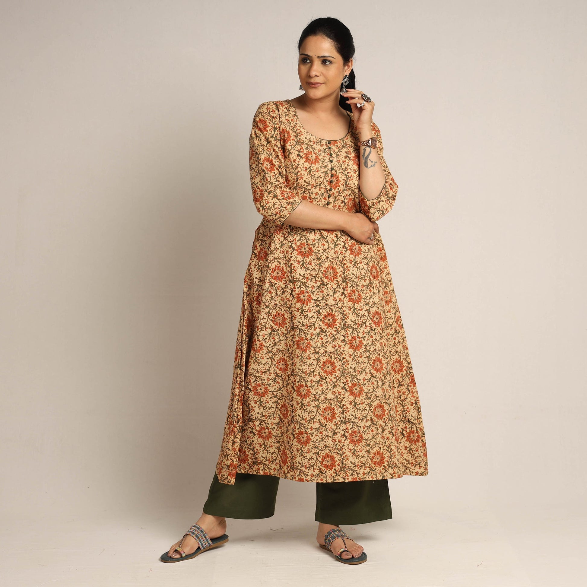 Beige - Pedana Kalamkari Block Printed Cotton Kurta with Palazzo Set
