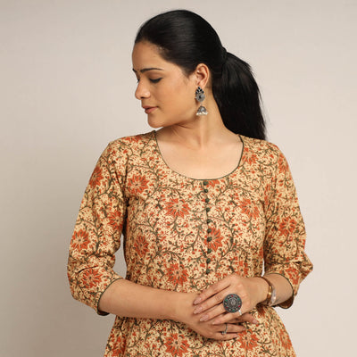 Beige - Pedana Kalamkari Block Printed Cotton Kurta with Palazzo Set