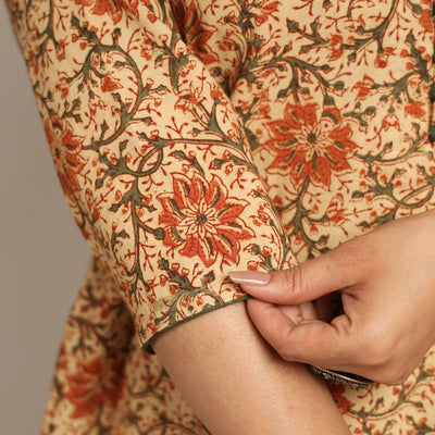 Beige - Pedana Kalamkari Block Printed Cotton Kurta with Palazzo Set