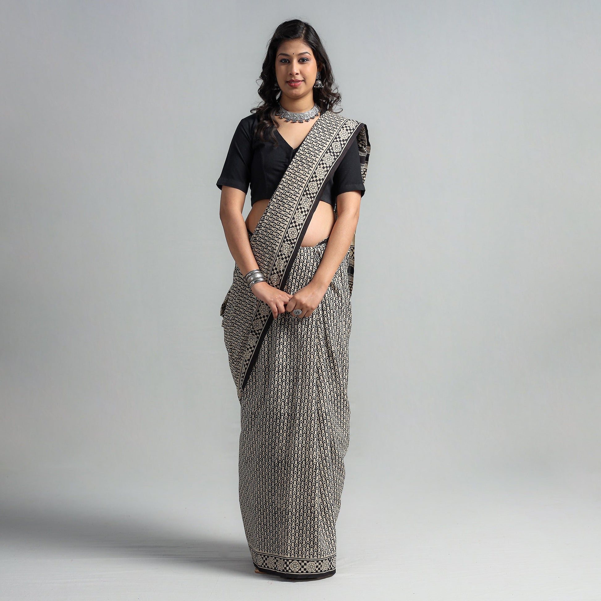 Black - Syahi Begar Bagru Buti Block Printed Mul Cotton Saree