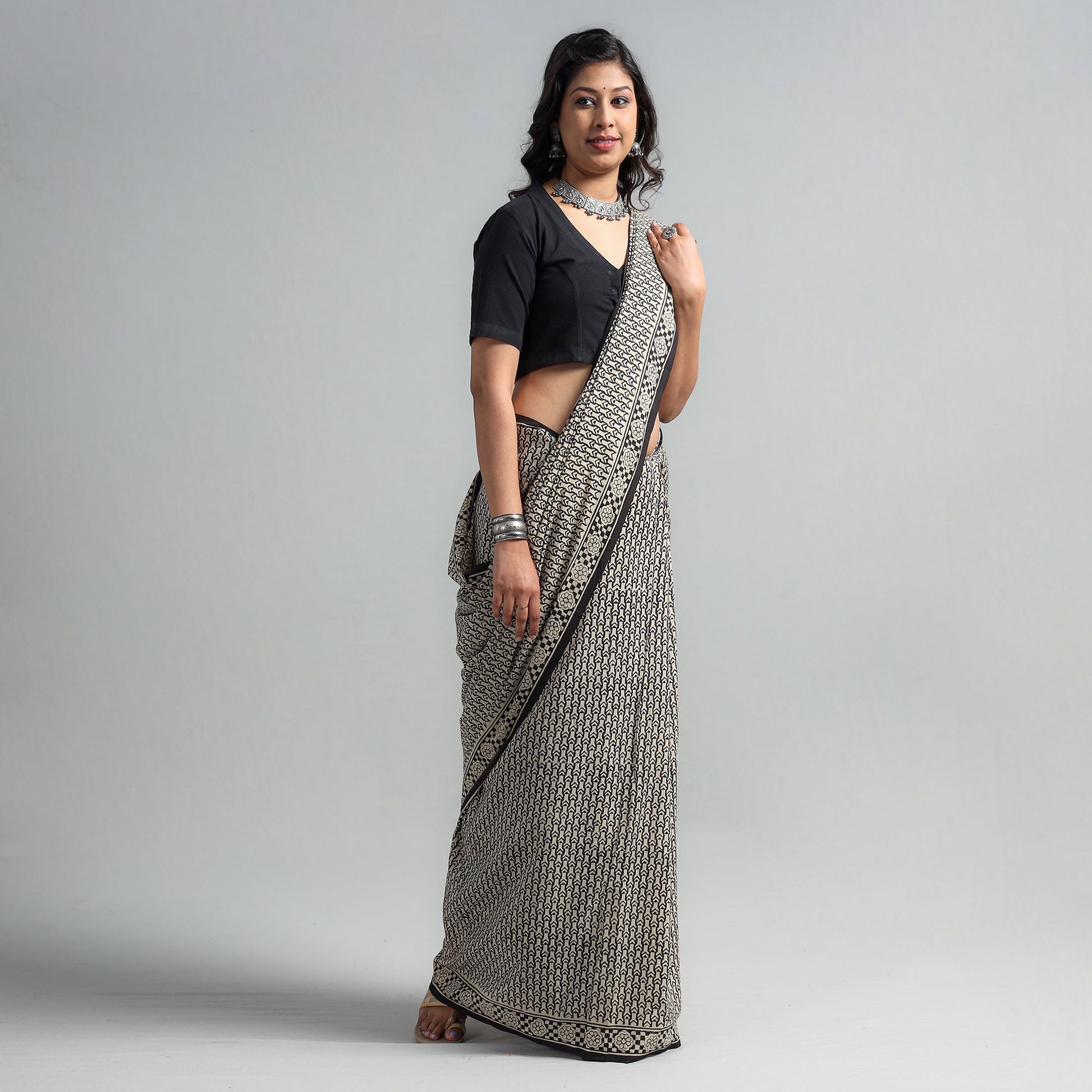 Black - Syahi Begar Bagru Buti Block Printed Mul Cotton Saree