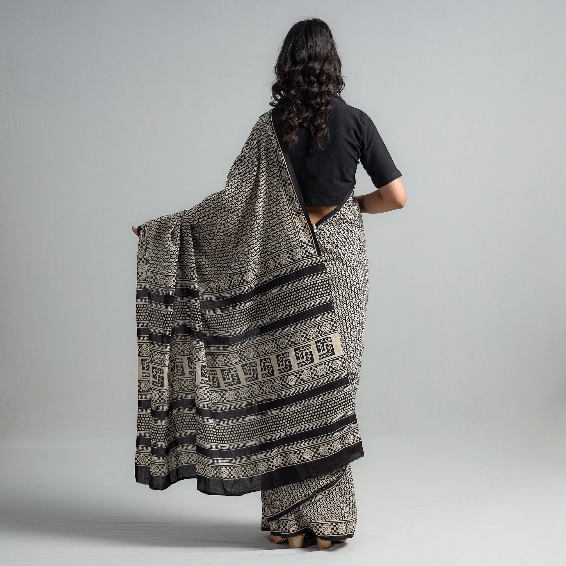 Black - Syahi Begar Bagru Buti Block Printed Mul Cotton Saree