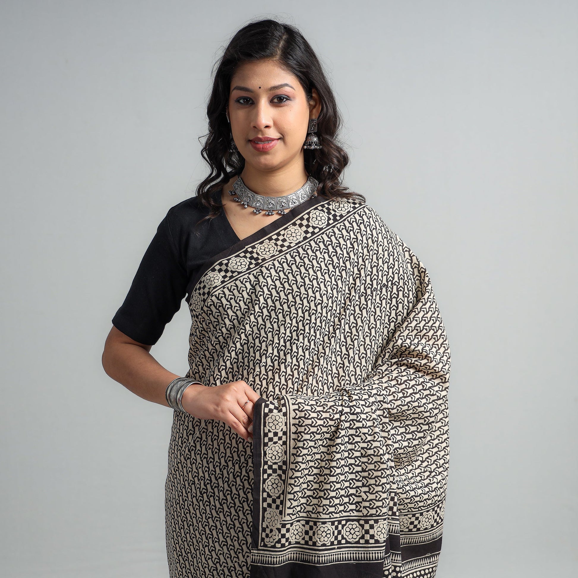 Black - Syahi Begar Bagru Buti Block Printed Mul Cotton Saree