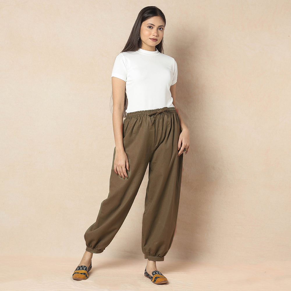 Brown - Flex Cotton Plain Elasticated Pant