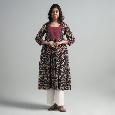 Black - Kalamkari Printed Cotton A-Line Long Kurta with Patchwork